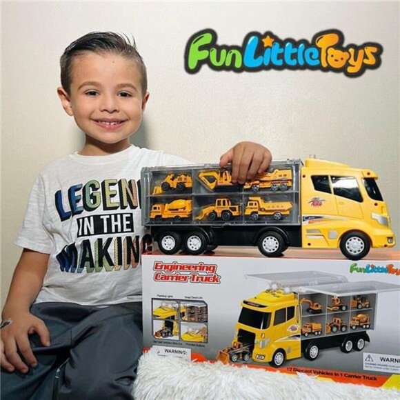12 in 1 Construction Truck Toys Set for Toddlers, Carrier Truck with 12 Mini Car - Picture 6 of 7